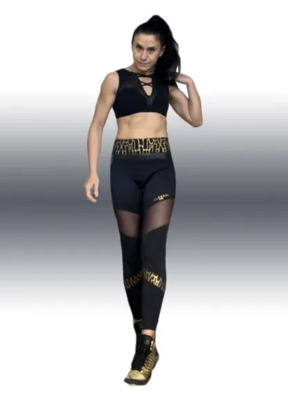 Golden High-Waist Neoprene & Lycra Leggings with Mesh Straps - Image 4